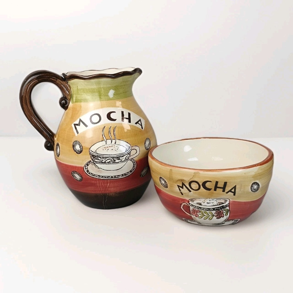 Coffee Lovers Cappuccino Mocha Hand Painted Ceramic Serving Pitcher & Large Bowl